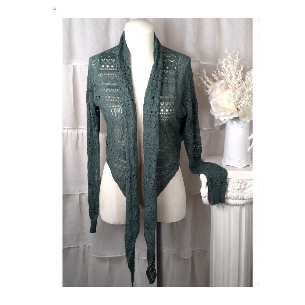 Peruvian Connection Green Crochet Open Bolero Cardigan Size M - Picture 2 of 13